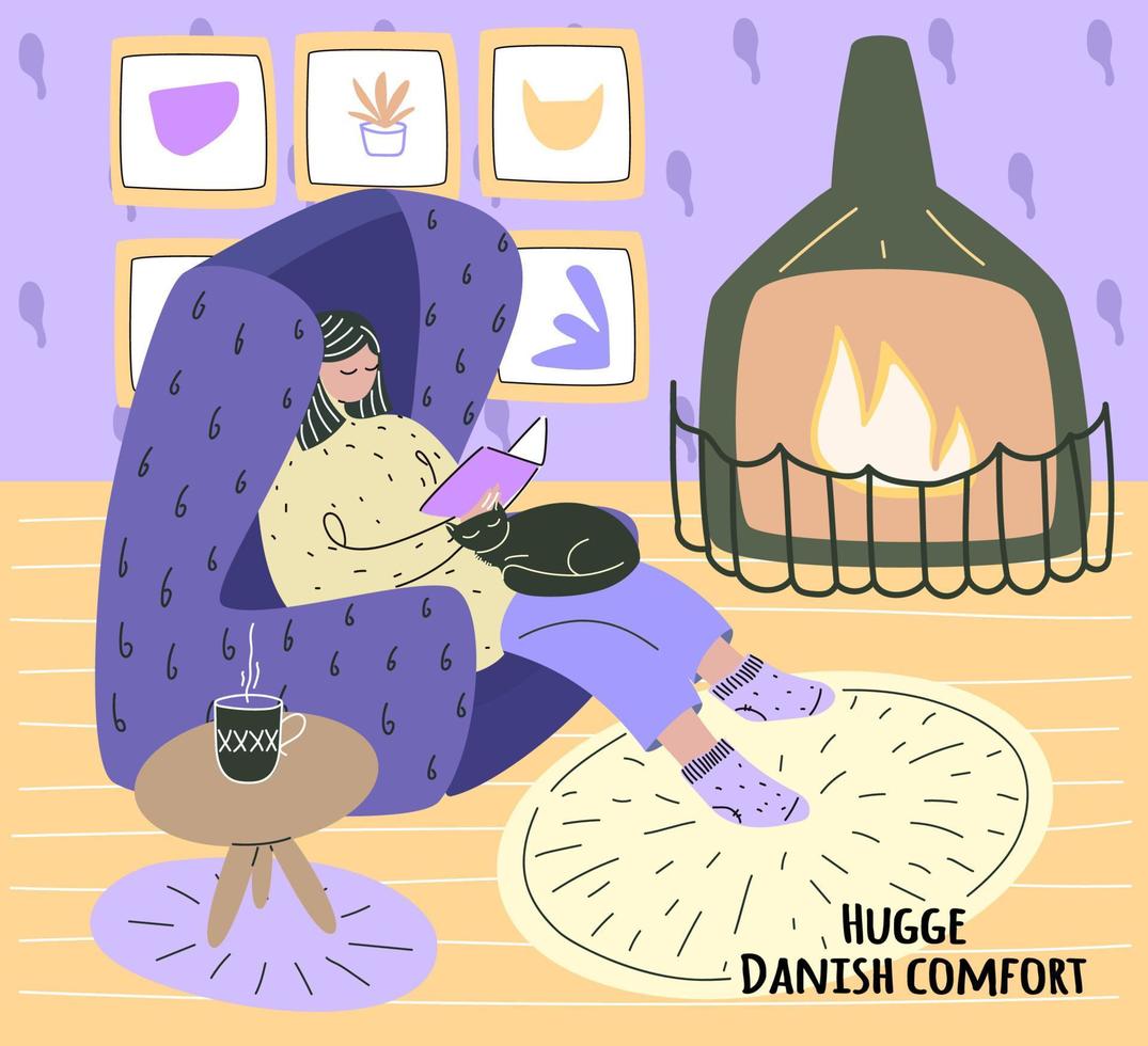 vektorillustration im gekritzelstil mit einem mädchen, das zu hause ein buch ruht und liest. das Konzept der dänischen Hygge, Herbststimmung, die sich nach Gemütlichkeit und Wohnkomfort sehnt. vektor