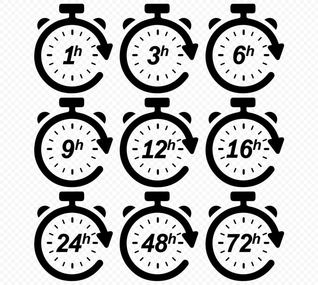 klockpil 1, 3, 6, 9, 12, 16, 24, 48, 72 timmar. uppsättning leveranstid ikoner. eps 10. vektor