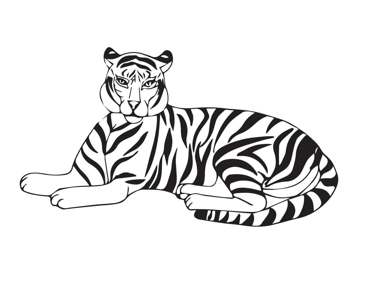 Liegender Tiger, der sich nach der Jagd ausruht. große wilde Tabbykatze. Dschungelbewohner. Vektor Stock Illustration im Doodle-Stil isoliert auf weißem Hintergrund.
