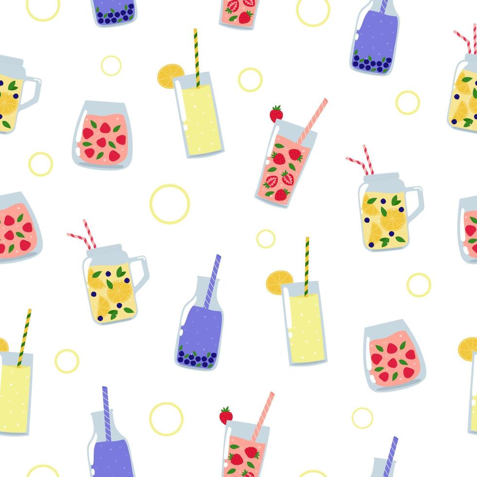 sommar drycker seamless mönster. juice och lemonad med frukt, bär och blad på vit bakgrund. vektor