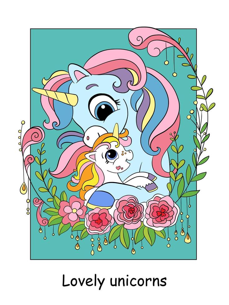 süße mutter einhorn und baby farbillustration vektor