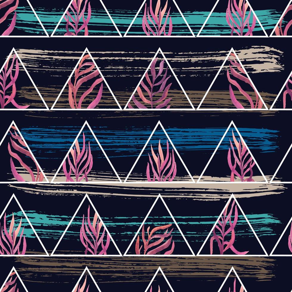 aquarellzweige mit blättern in dreieckrahmen auf dem hintergrund von texturstreifen von malstrichen geometrischer vektor nahtloses muster