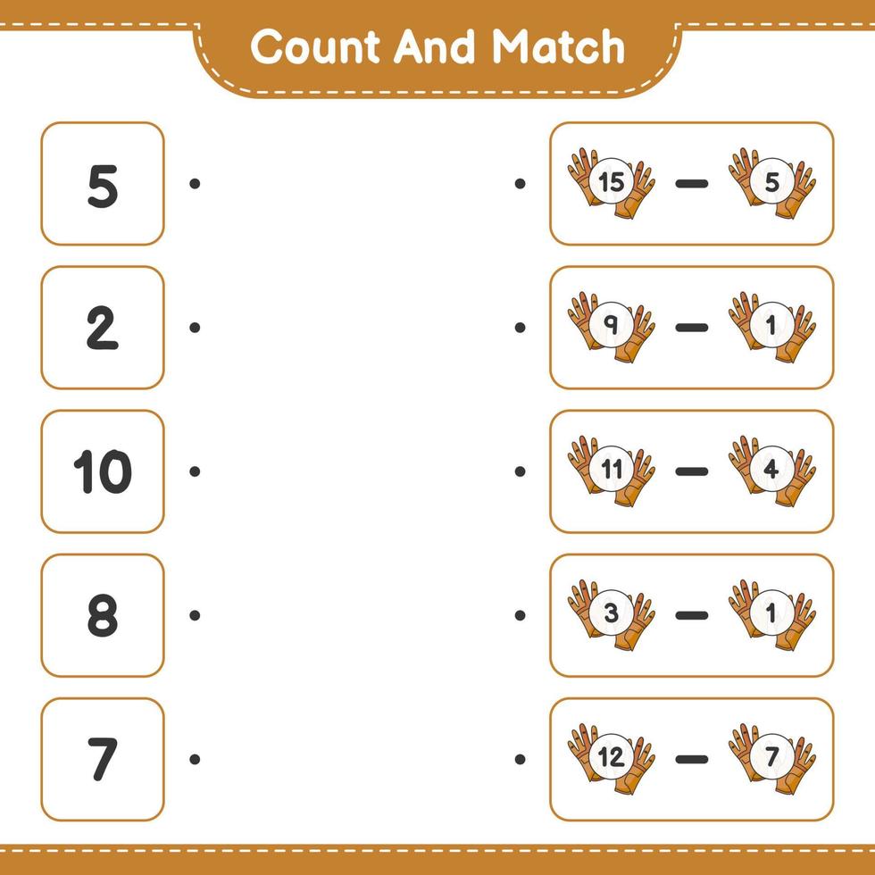räkna och matcha, räkna antalet golfhandskar och matcha med rätt siffror. pedagogiska barn spel, utskrivbara kalkylblad, vektor illustration