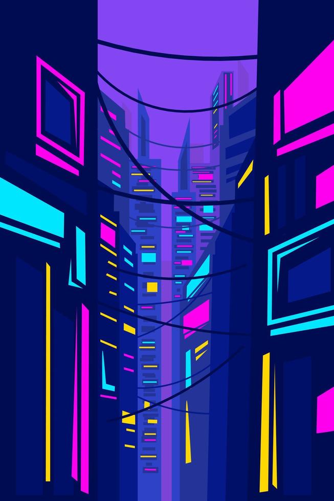 City Cyberpunk Neon Line Art Design Skyline mit Gebäuden, Türmen. glühende lichter des stadtbildes, architekturvektorillustration. vektor