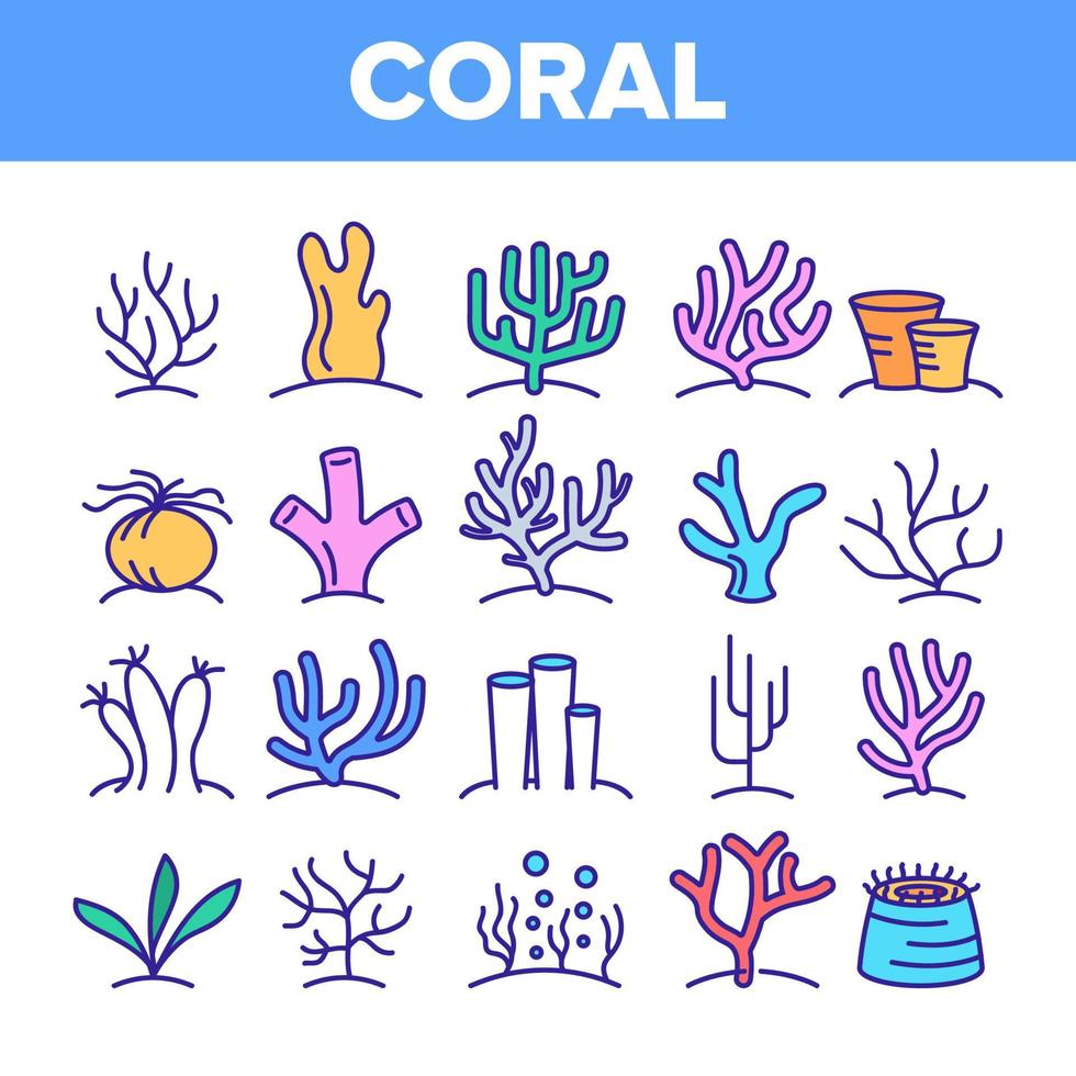 korallrev och tång vektor linjära ikoner set