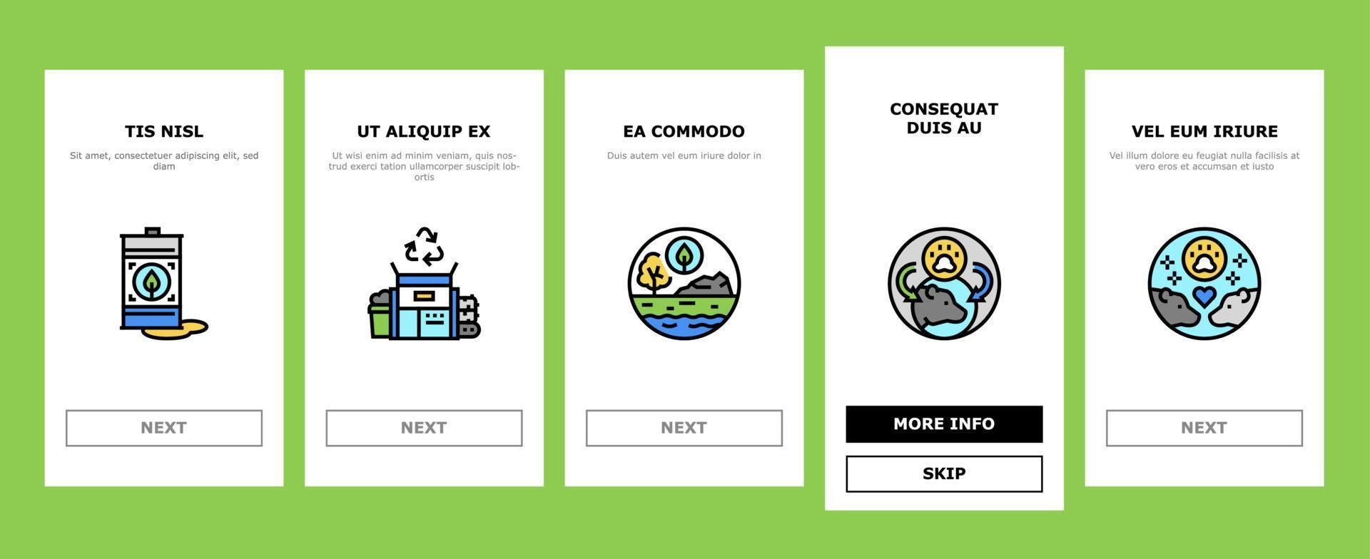 ekologi skyddande teknik onboarding ikoner som vektor