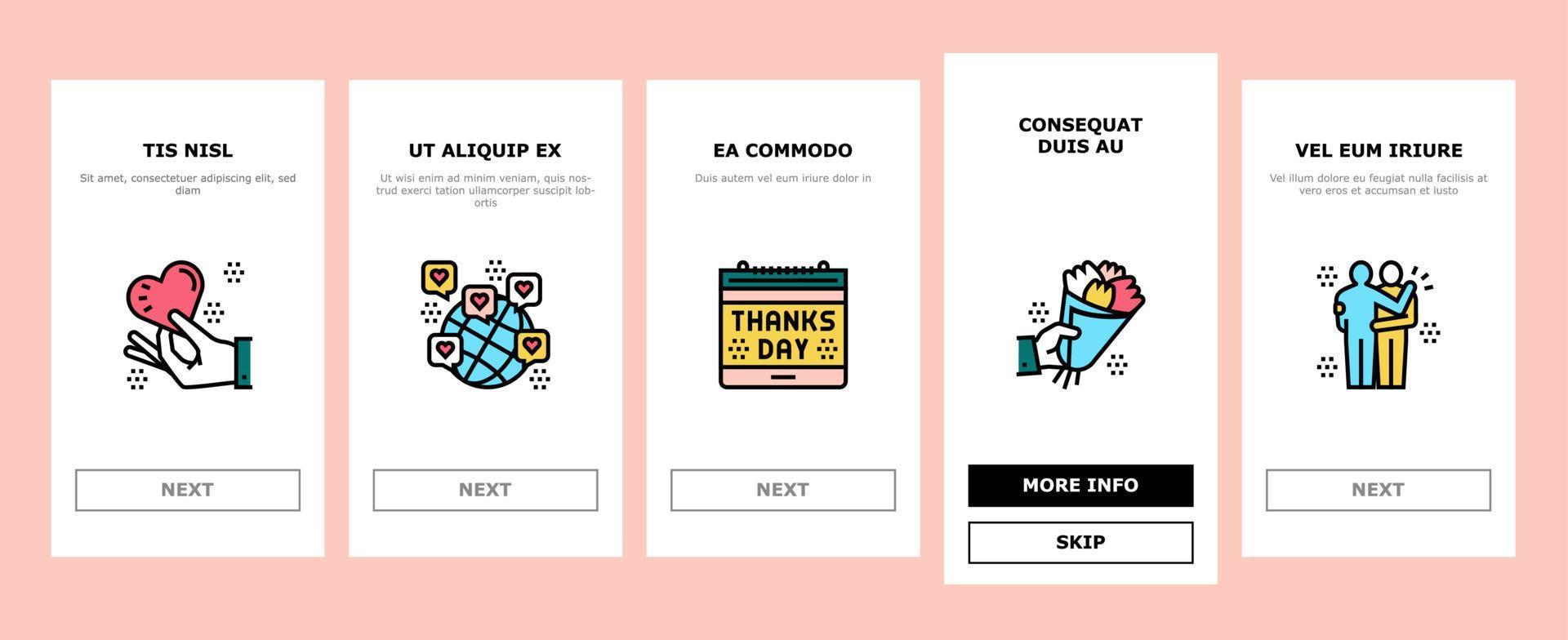 danke tag urlaub onboarding icons set vektor