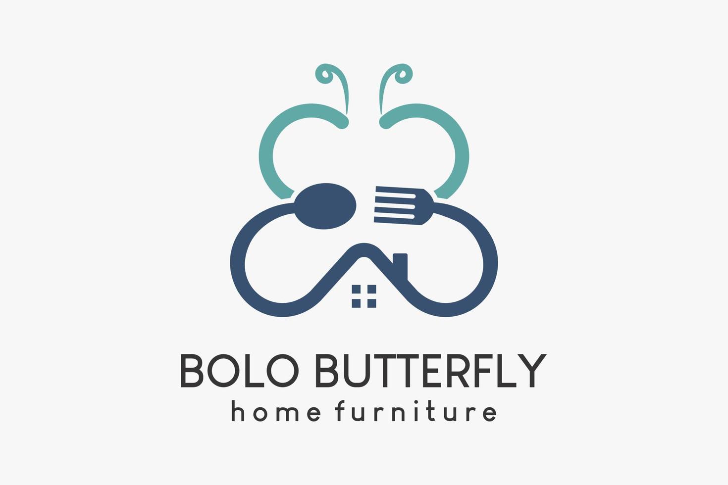 en logotyp för hushåll apparater eller möbel, en kvast, en sked och gaffel ikon kombinerad med en fjärilsformad hus ikon vektor