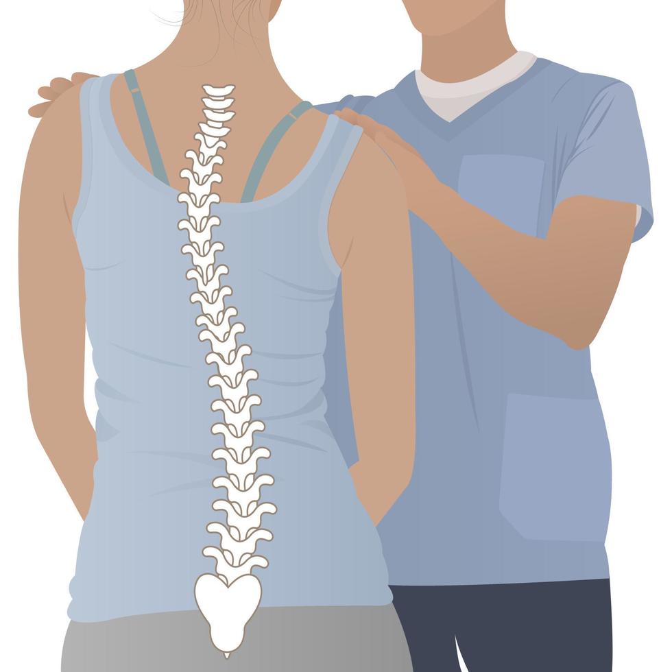 ryggradsdeformationstyper och frisk ryggradsjämförelsediagram affisch med ryggradskurvaturer. kvinnlig profil och bakifrån. kiropraktisk information. vektor