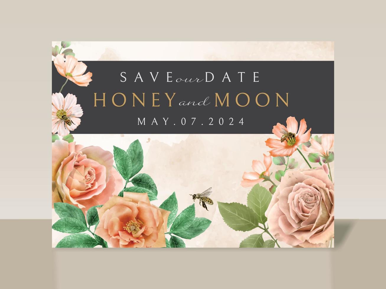 vackra blommor och bin bröllop inbjudningskort vektor