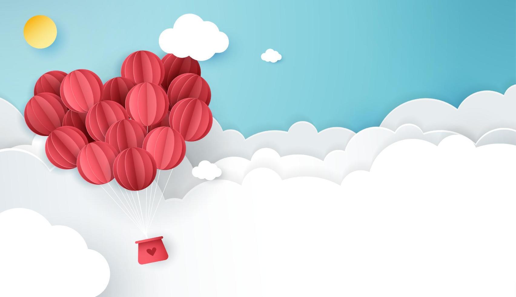 papierkunst der liebe und valentinstag mit papierherzballon und geschenkbox schweben am blauen himmel. kann für Tapeten, Einladungen, Poster, Banner verwendet werden. Vektordesign vektor