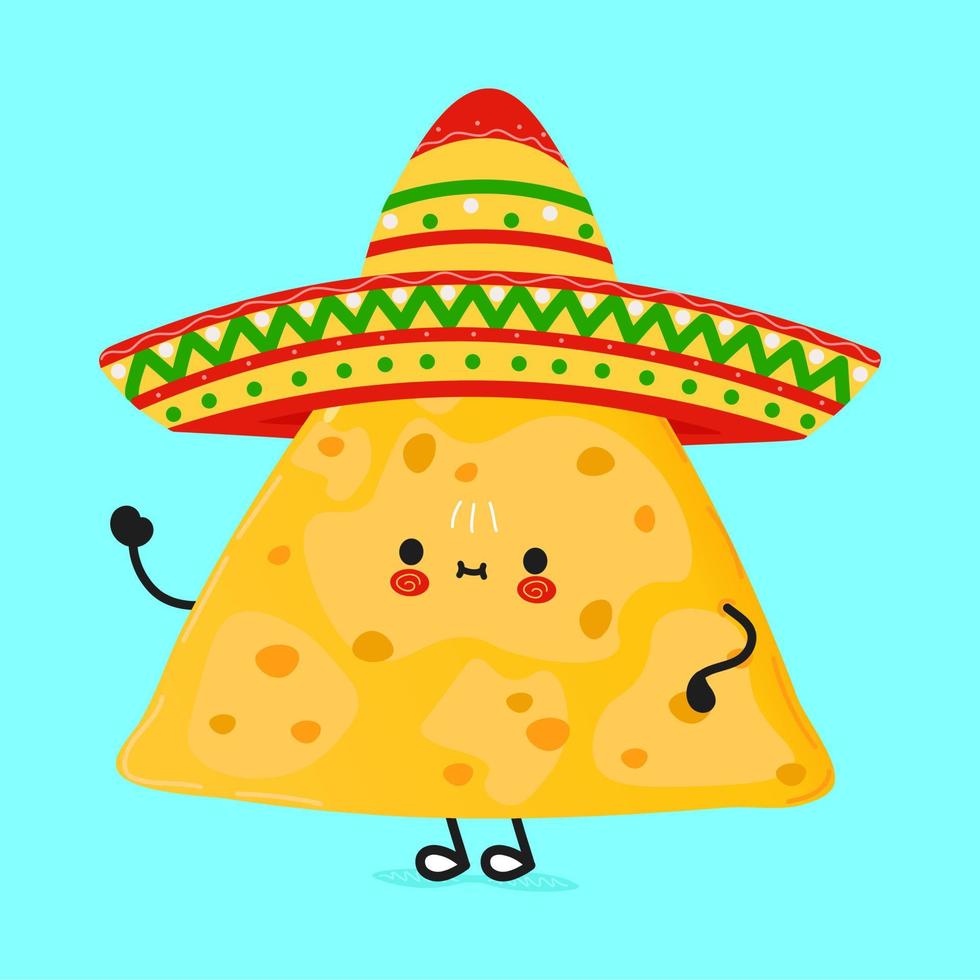 süßer lustiger nachos winkender handcharakter. vektor hand gezeichnete karikatur kawaii charakter illustration symbol. isoliert auf blauem Hintergrund. nachos-charakterkonzept