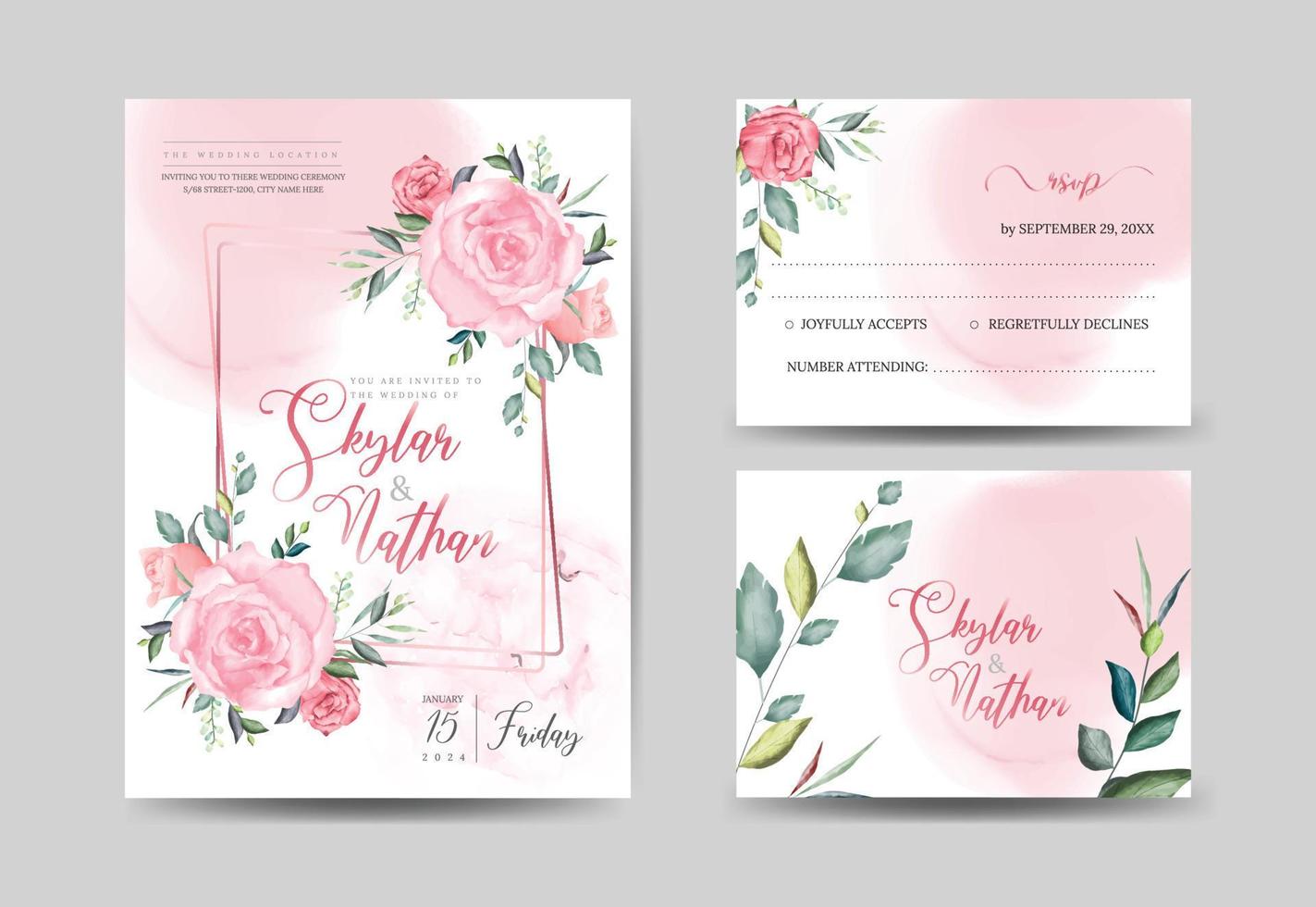 eleganta akvarell dammiga ros bröllop inbjudningskort och RSVP mallar vektor