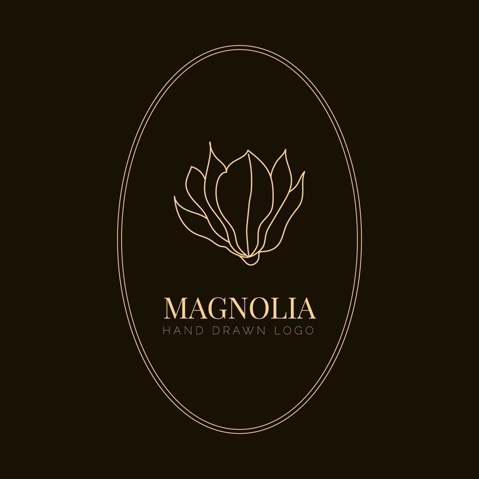 enkel magnolia blomma logotyp illustration för fastigheter. botaniska blommiga emblem med typografi på brun bakgrund vektor