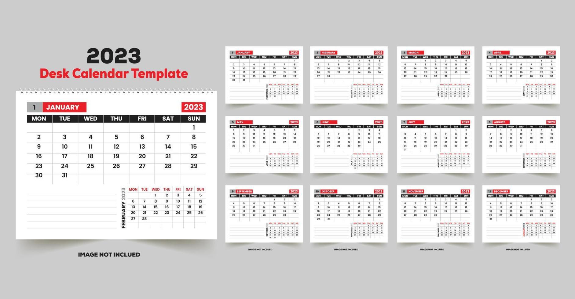 månatlig kalendermall för 2023 år. veckan börjar på söndag. skrivbordskalender i minimalistisk stil. vektor