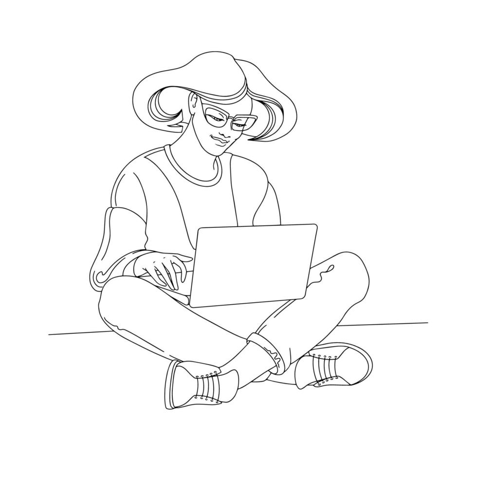 Strichzeichnung junge Frau sitzt und hält einen Laptop. Vektor. vektor