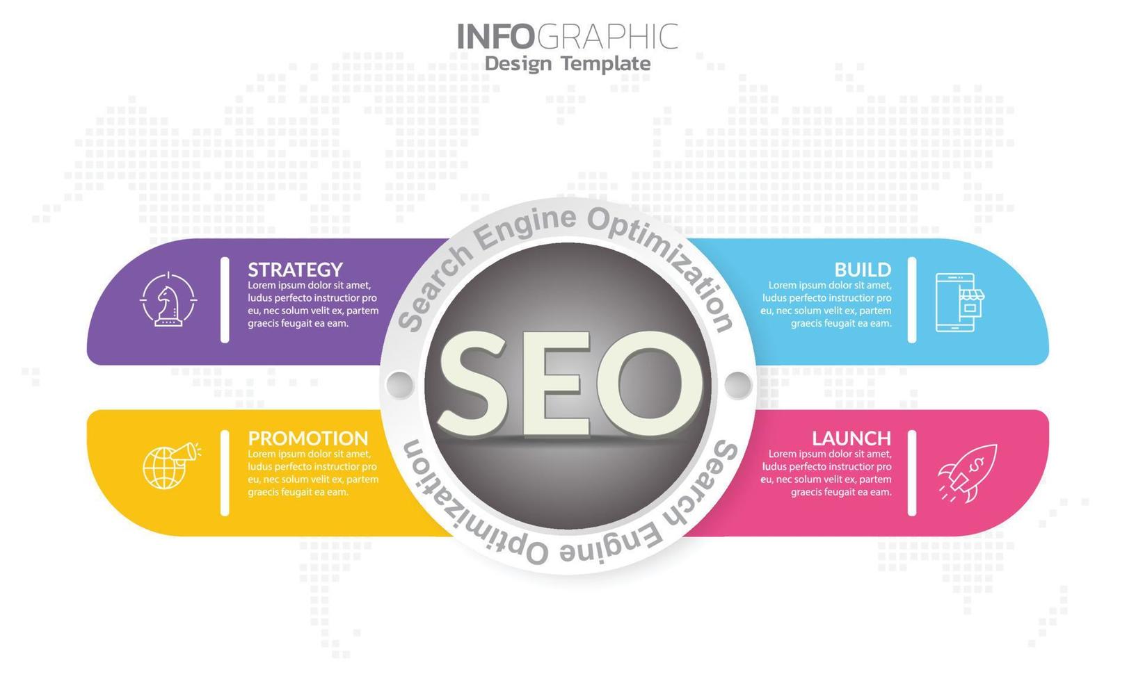 infografik 4 schritte seo für inhalt, diagramm, flussdiagramm, schritte, teile, zeitleiste, arbeitsablauf, diagramm. vektor