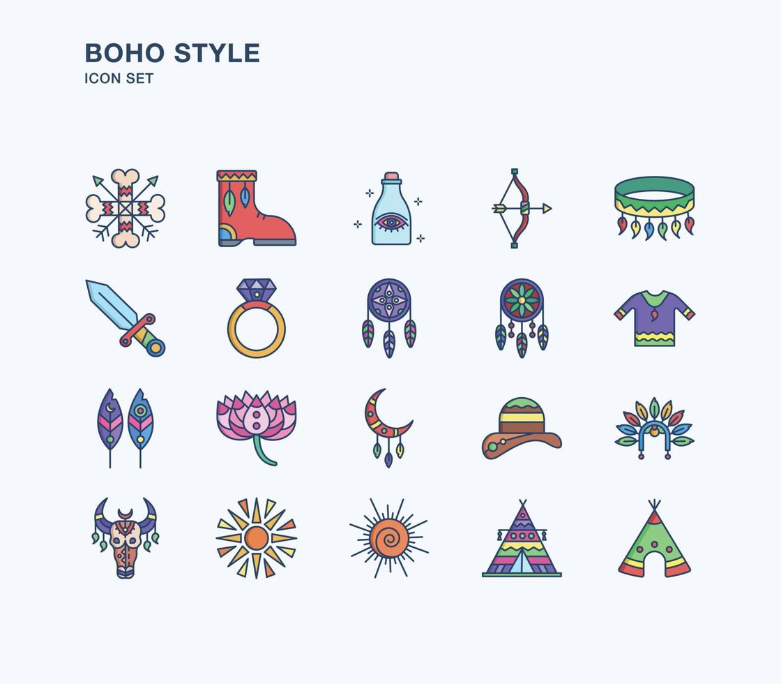 boho och tribal stil linjär färgade ikonuppsättning vektor