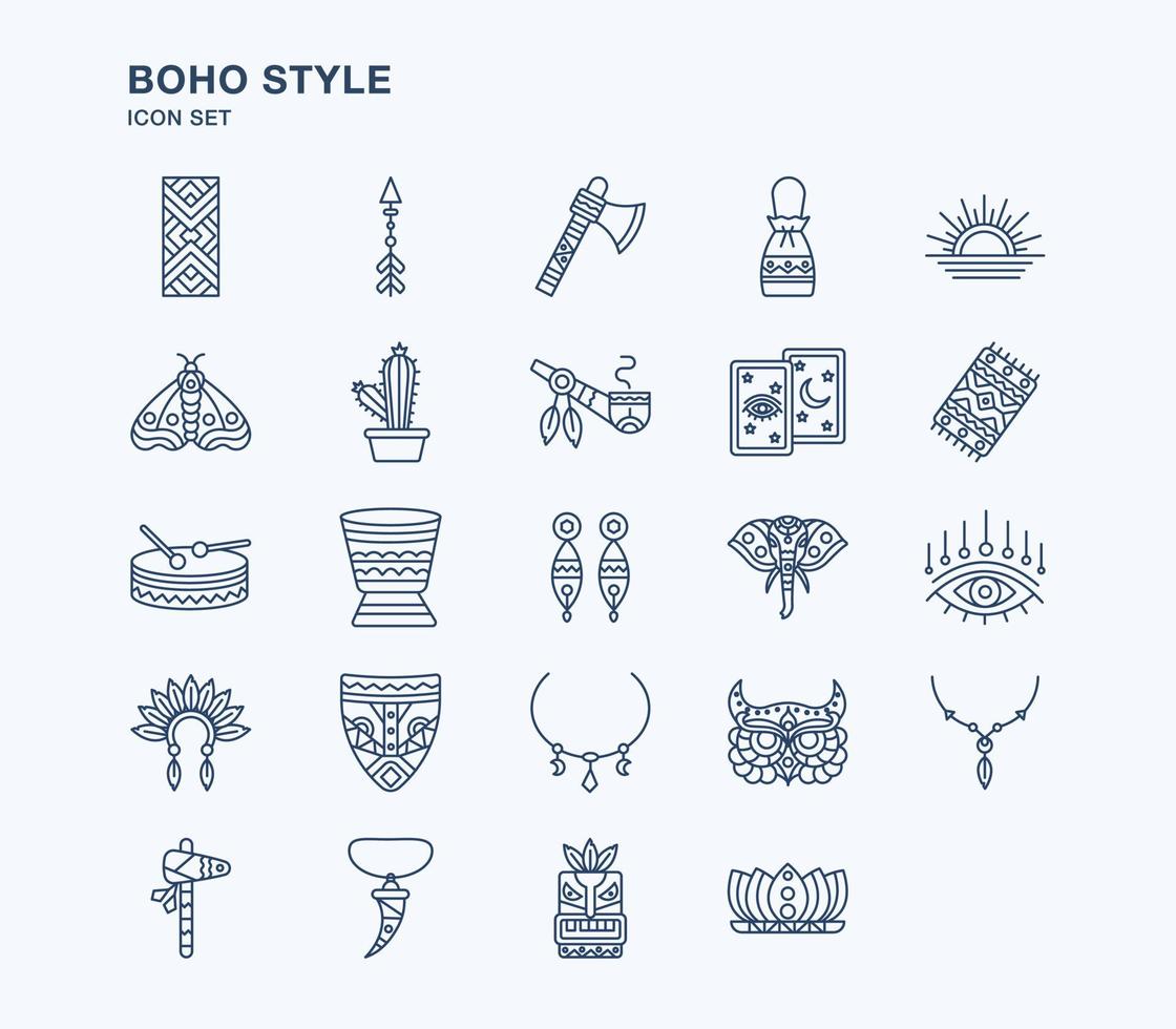boho och tribal stil kontur ikonuppsättning vektor