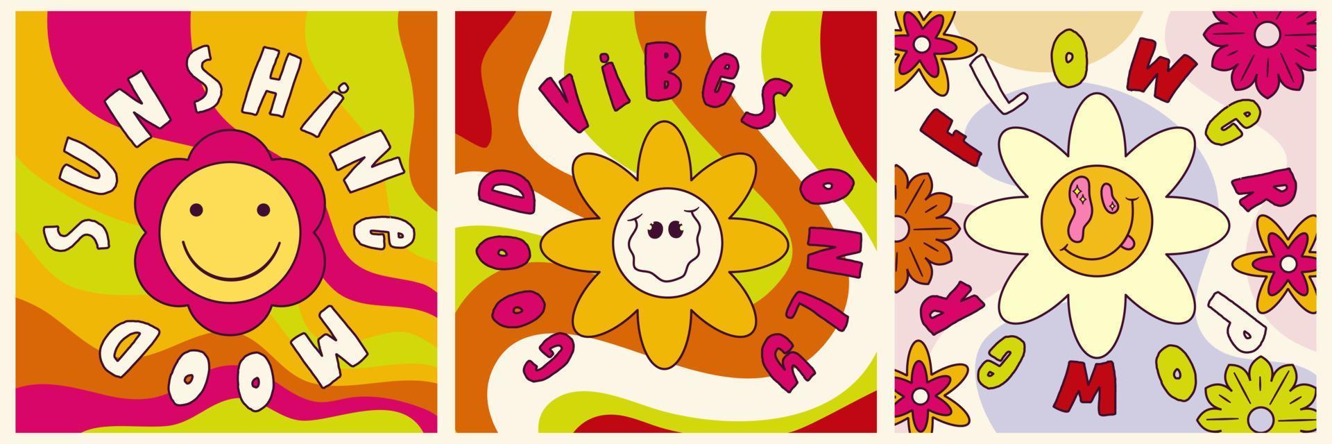 gänseblümchenblumen, trippy grooviges plakatset für druckdesignzitat. psychedelischer Hippie-Groovy-Druck. Vorlage Poster-Vektor-Illustration. abstraktes Vektormuster. gewellter Wirbel, Schachbrett, enge Farbe. vektor