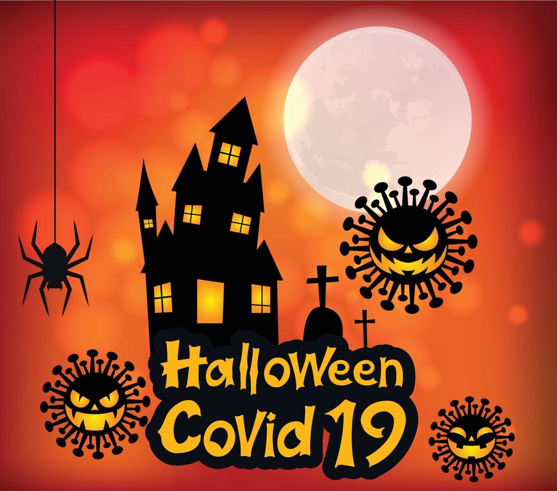 halloween covid19 plakat, nachthintergrund mit gruseligem schloss und kürbissen, illustration. grußkarten-halloween-feier, halloween-partyplakat. vektor