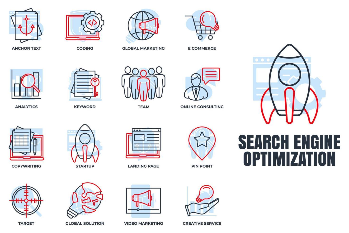 satz der suchmaschinenoptimierung symbol logo vektor illustration. SEO-Optimierungspaket-Symbolvorlage für Grafik- und Webdesign-Sammlung.