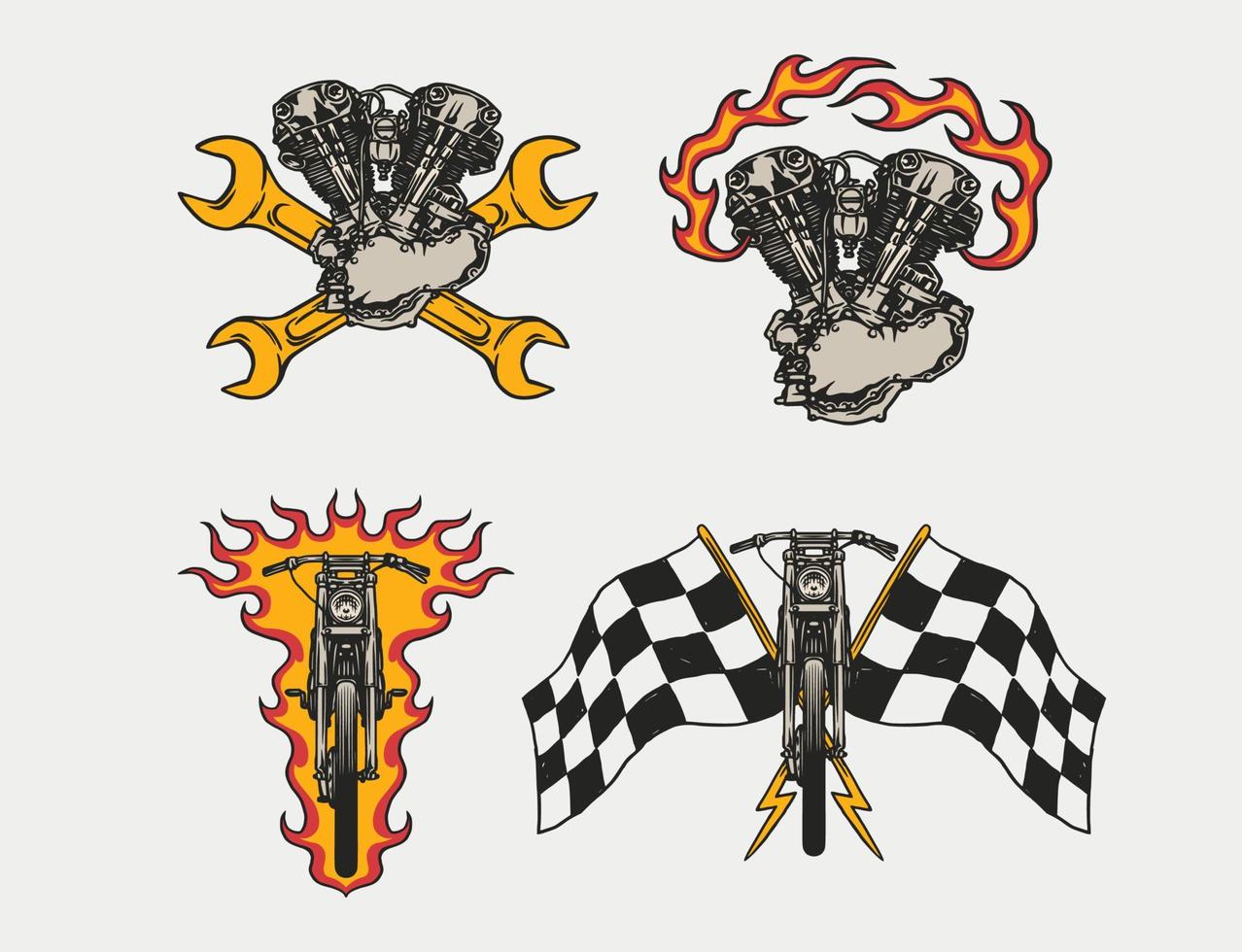satz von handgezeichneten motorrad- und garagenlogoabzeichen im vintage-stil vektor