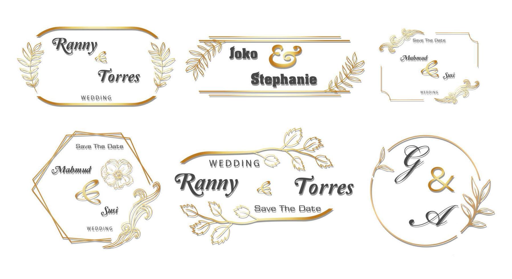 Goldrahmen-Dekorset, Vintage-Kalligrafie-Design und Blumenblatt mit Surround-Form, Einladungsvorlage, Hochzeit, Grußkarte usw. vektor