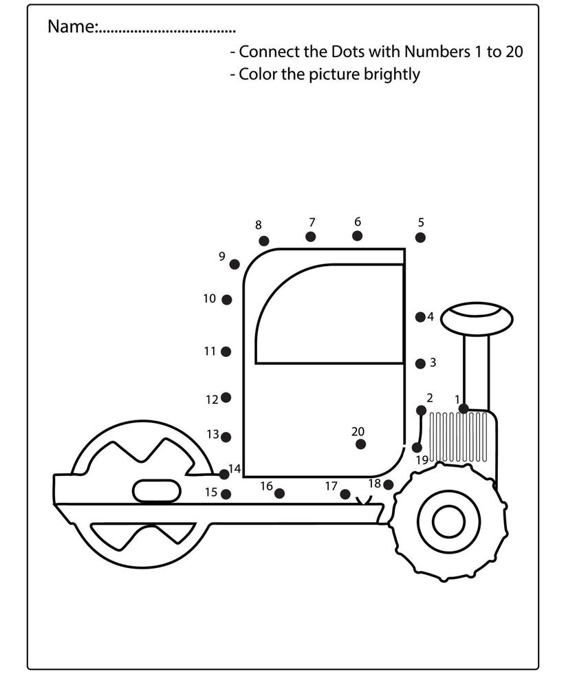 prick till prick barn pussel kalkylblad tecknad ritning byggfordon. spår och färg pedagogiskt spel. vektor