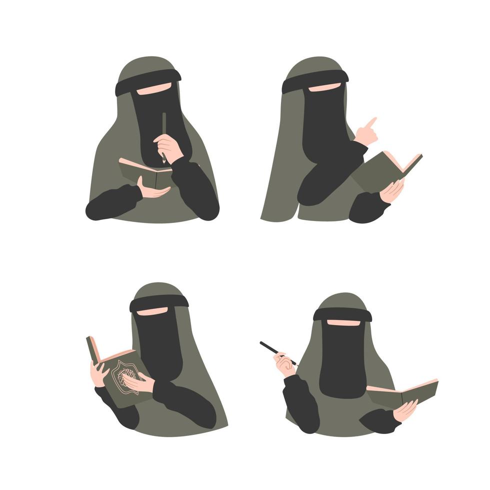 muslimah niqabis med penna och bokstudie vektor