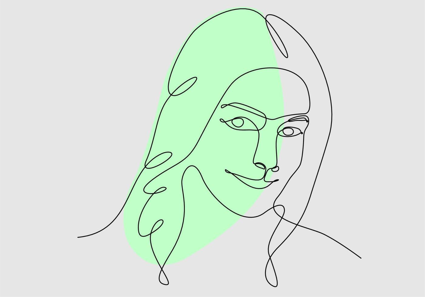 kontinuerlig en rad ritning av en kvinnas ansikte. horisontellt elegant minimalistiskt porträtt av kvinna med abstrakt pastellform för en logotyp, emblem eller webbbanner. vektor illustration
