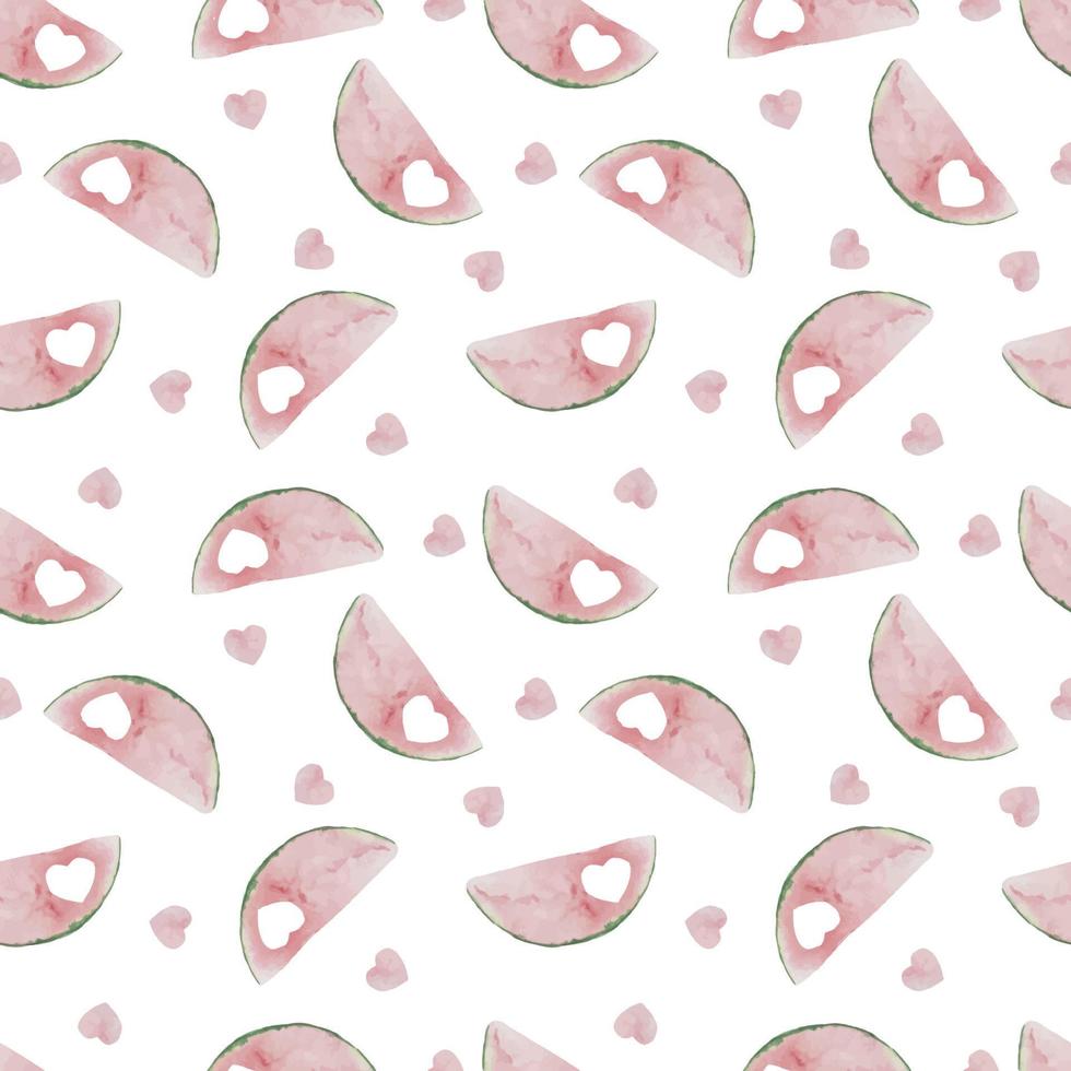 Aquarell Musterdesign mit Wassermelone Halbkreis rosa Scheiben auf weiß mit Herzen. sommerschablonenhintergrund mit obst für postkarten und karten vektor