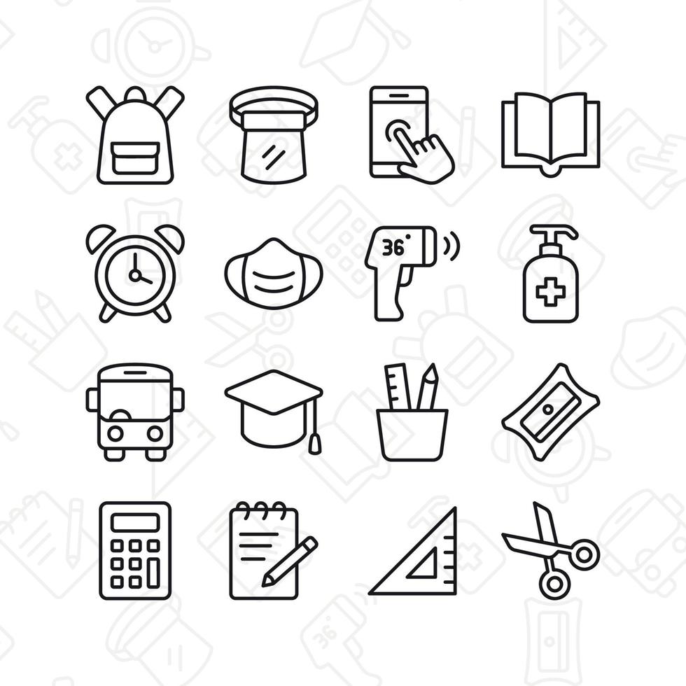 Schule nach Pandemie-Icon-Set. enthält Symbole wie Maske, Rucksack, Händedesinfektionsmittel und mehr. Linienstil-Design. Vektorgrafik. geeignet für Website-Design, App, Vorlage, ui. vektor