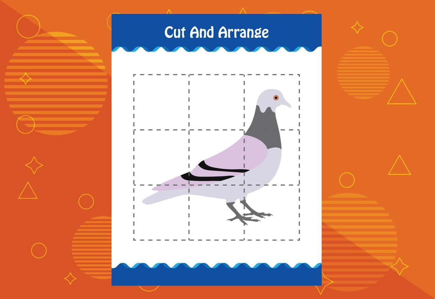 Schneiden und arrangieren Sie mit einem Vogelarbeitsblatt für Kinder. Lernspiel für Kinder vektor