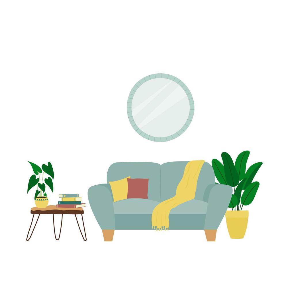 Innenarchitektur des Wohnzimmers mit Sofa, Spiegel, Tisch und Zimmerpflanzen. trendige komposition mit heimtextilien vektor