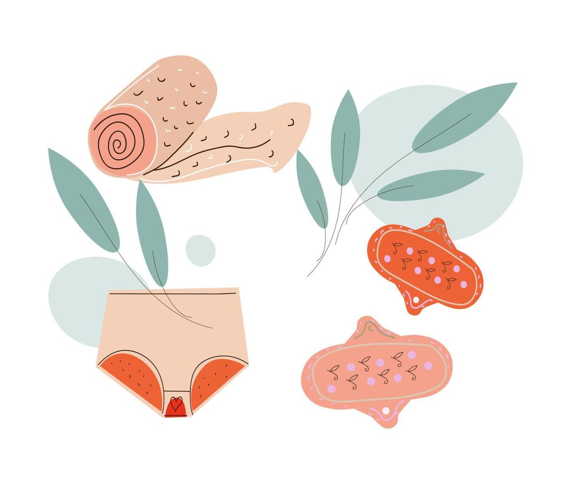 weibliche Hygiene. menstruationshosen und wiederverwendbare stoffpolster sind hygieneartikel zum schutz der frau während des menstruationszyklus, null abfall, cartoon-vektorillustration im boho-stil. vektor