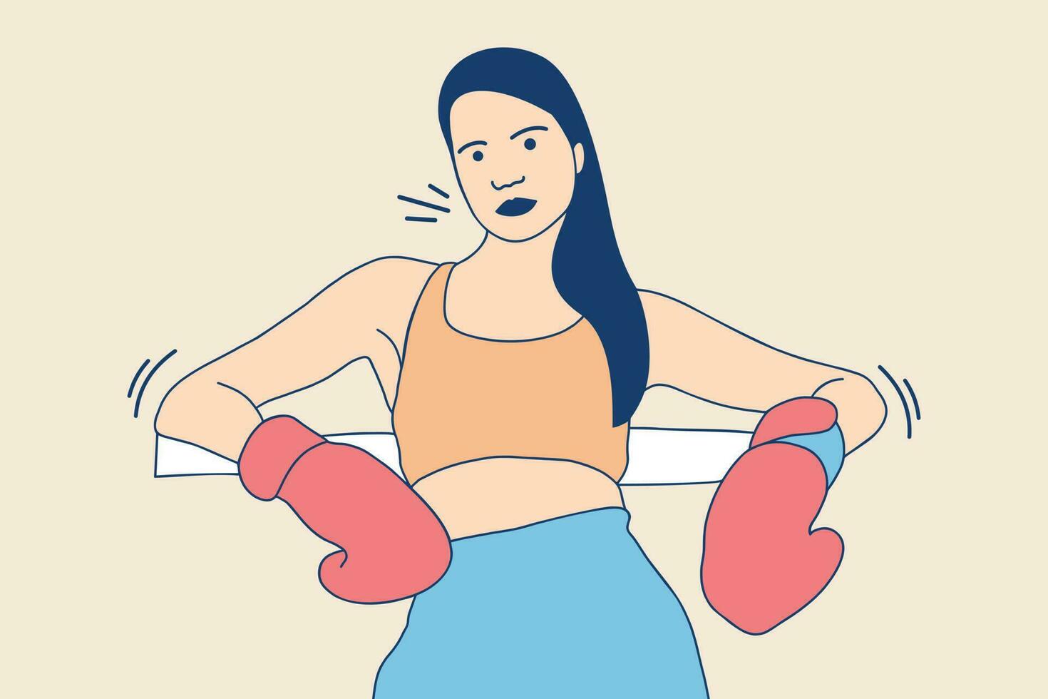 Illustrationen der schönen Boxerfrau ruhen sich nach einem Boxkampf aus vektor
