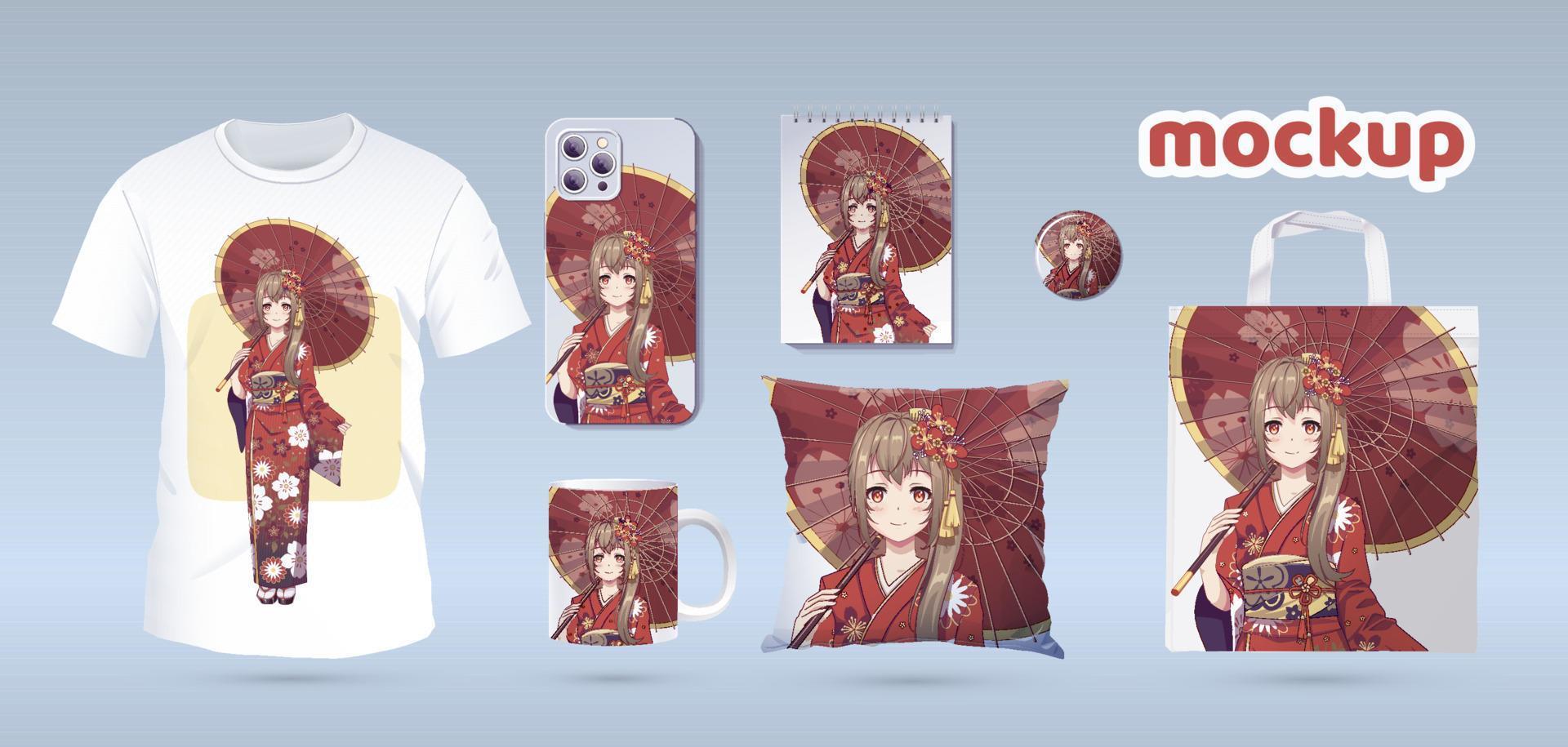 Anime-Manga-Mädchen im traditionellen Kimono. Identity-Branding-Mockup-Set-Draufsicht. Drucke auf T-Shirts, Sweatshirts, Handyhüllen, Taschen, Souvenirs. isolierte Vektorillustration auf weißem Hintergrund vektor
