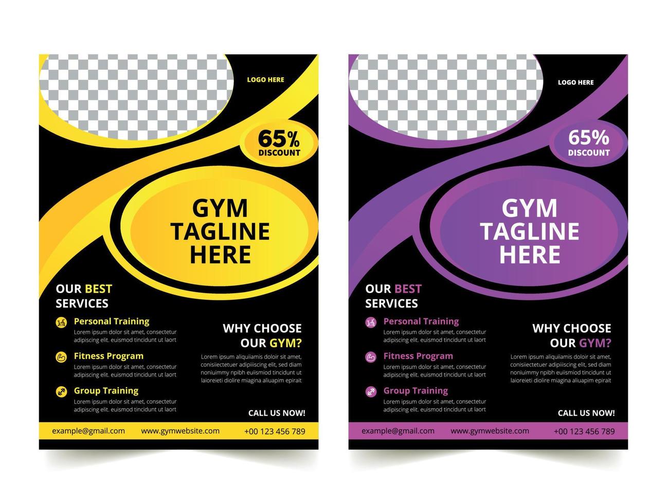 business gym fitness flyer gelb und lila farbdesign unternehmensvorlagendesign für den jahresbericht unternehmensbroschürenabdeckung kostenloser vektor
