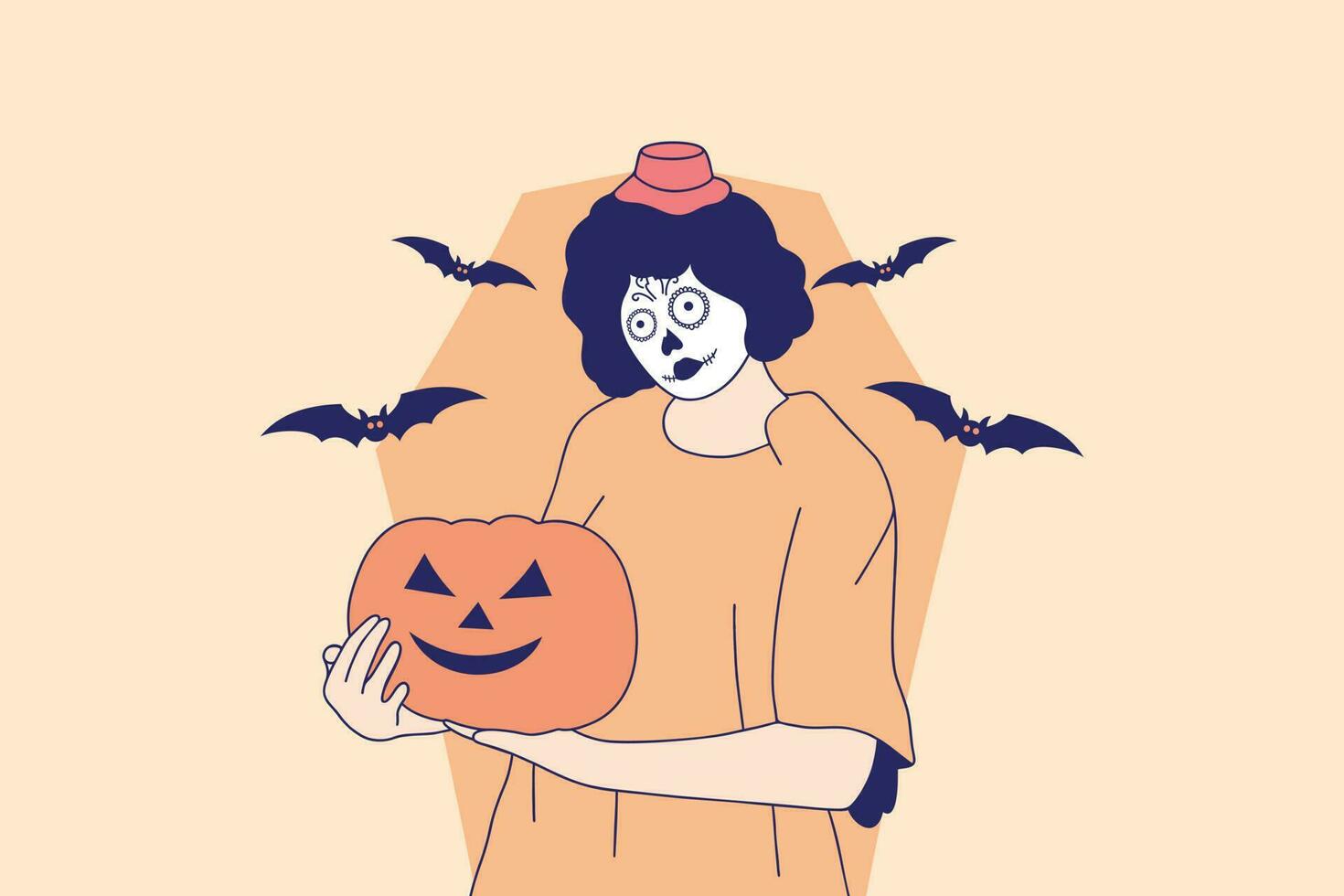 illustrationer av skön ung kvinna med skalle smink innehav pumpa domkraft o lykta för halloween karneval begrepp vektor