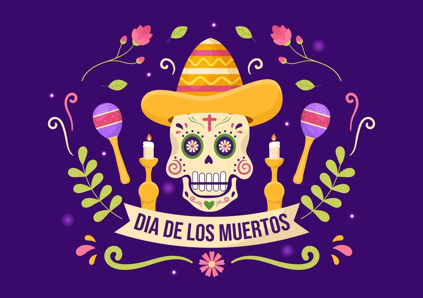 dia de los muertos eller dag av de död- mall hand dragen tecknad serie platt illustration mexikansk Semester festival med tatuering skallar, maracas och sombrero vektor