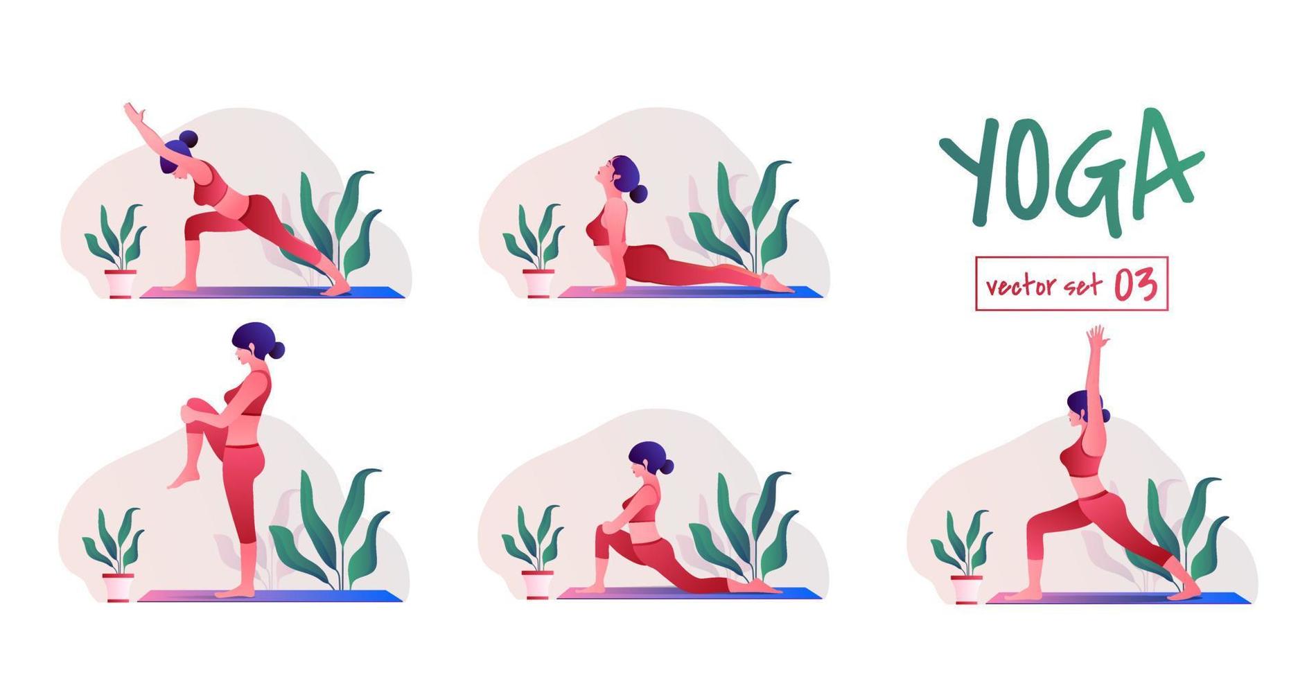 yoga träna uppsättning. ung kvinna praktiserande yoga poserar. kvinna träna kondition, aerob och övningar. vektor