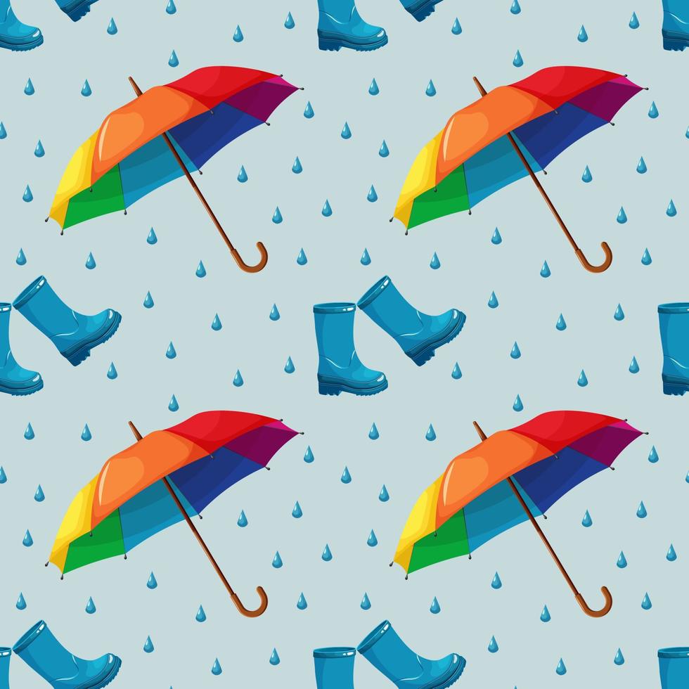 sömlös mönster med regnbåge paraply, sudd stövlar och regndroppar på blå bakgrund vektor