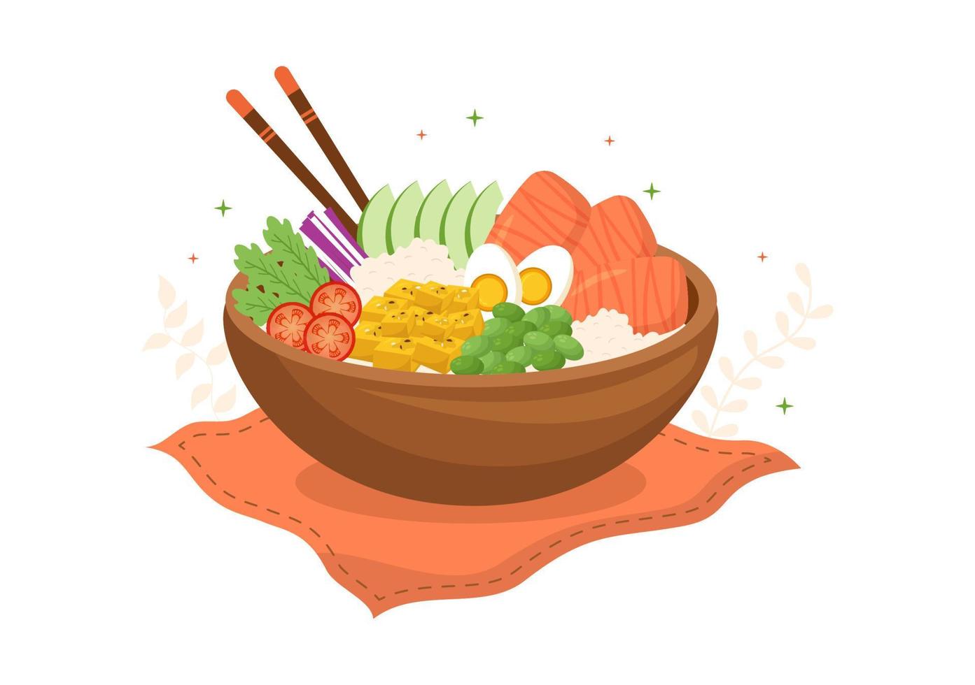 hawaiianisches gericht poke bowl lebensmittelvorlage handgezeichnete flache illustration der karikatur mit reis, thunfisch, frischem fisch, ei und gemüse design vektor