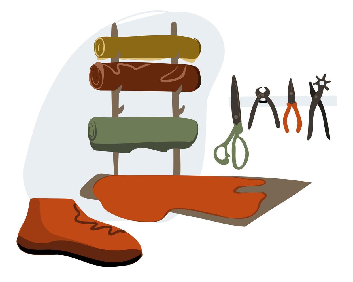 sko verkstad. rullar av läder. verktyg för arbetssätt med läder material. de begrepp av skrädderi skor, påsar och Övrig läder Produkter. vektor