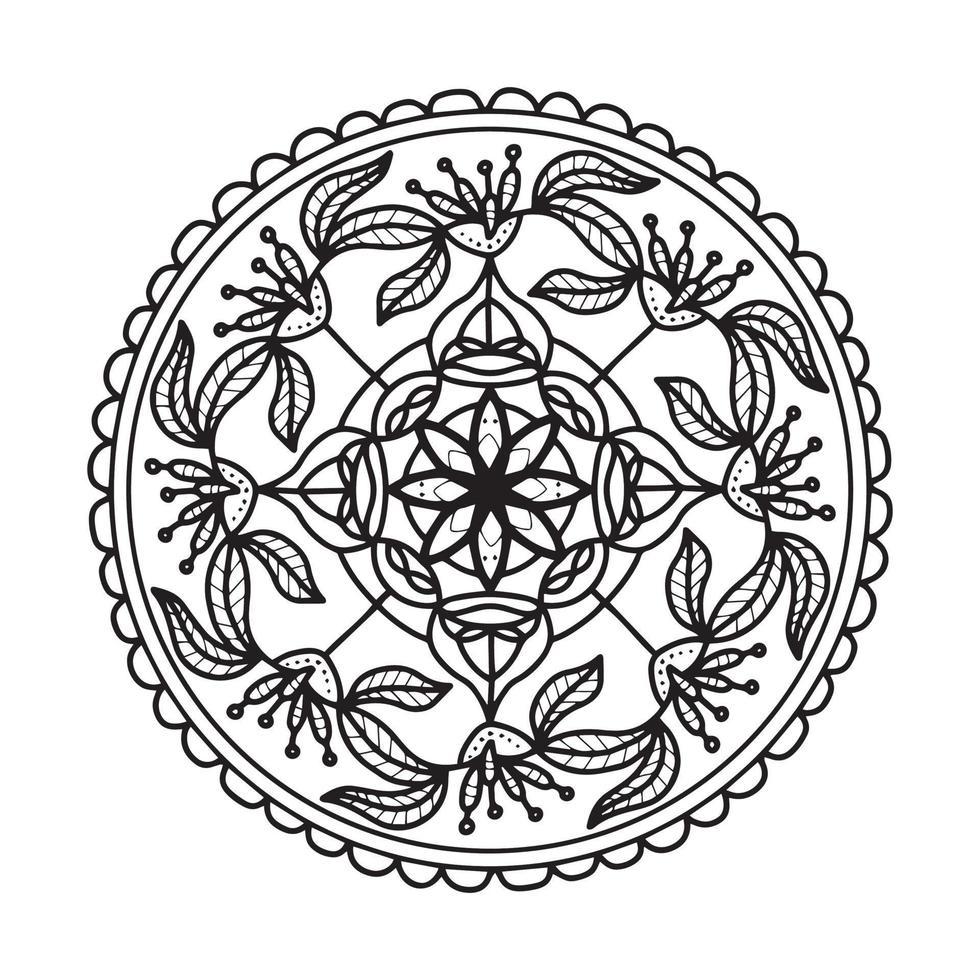 kreisförmiges Mandala-Schwarz-Weiß-Muster, verziert mit böhmischer cooler Mandala-Kunst, Henna-Blumen, Mehndi-Ritus und monochromer Symmetrie. Malbuch Seite Mandala, Anti-Stress-Therapie. vektor