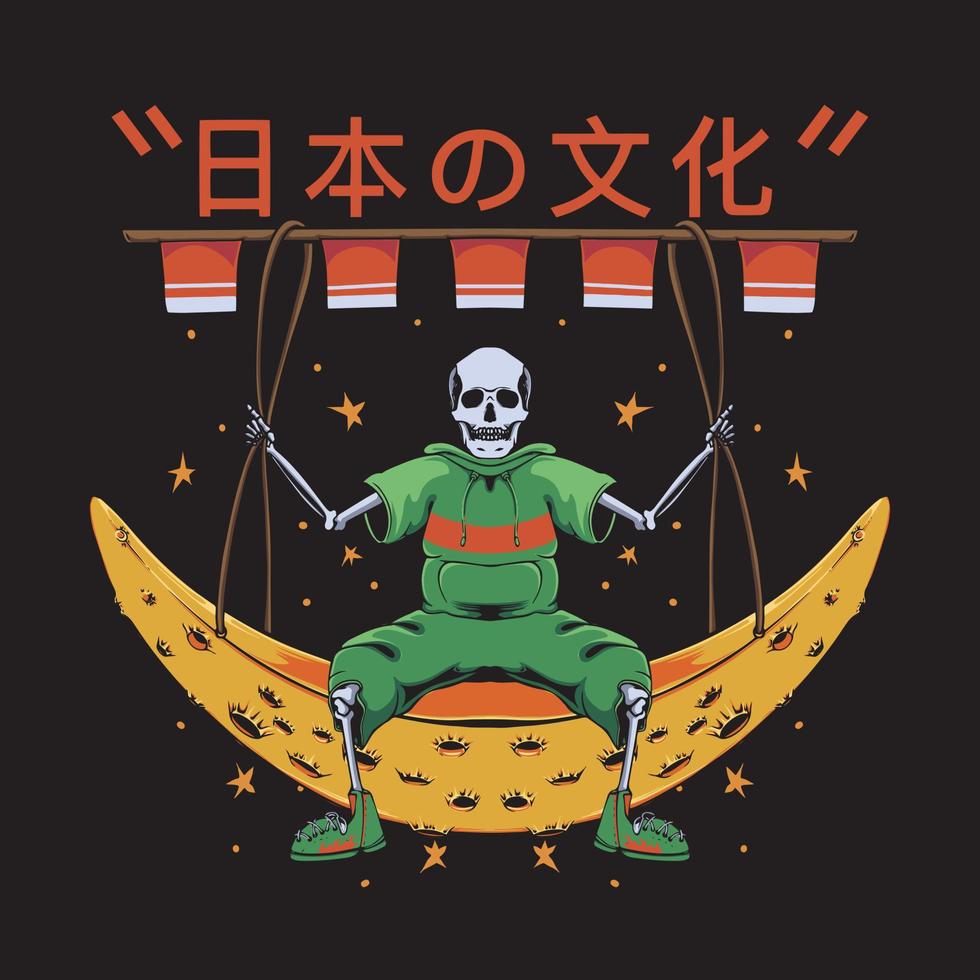 japansk stil skalle med måne illustration för t-shirt design och skriva ut vektor