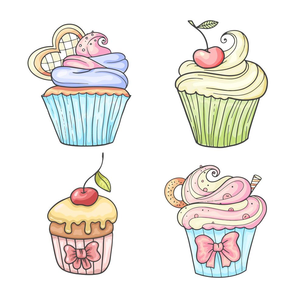 Satz bunte handgezeichnete Art Cupcakes vektor