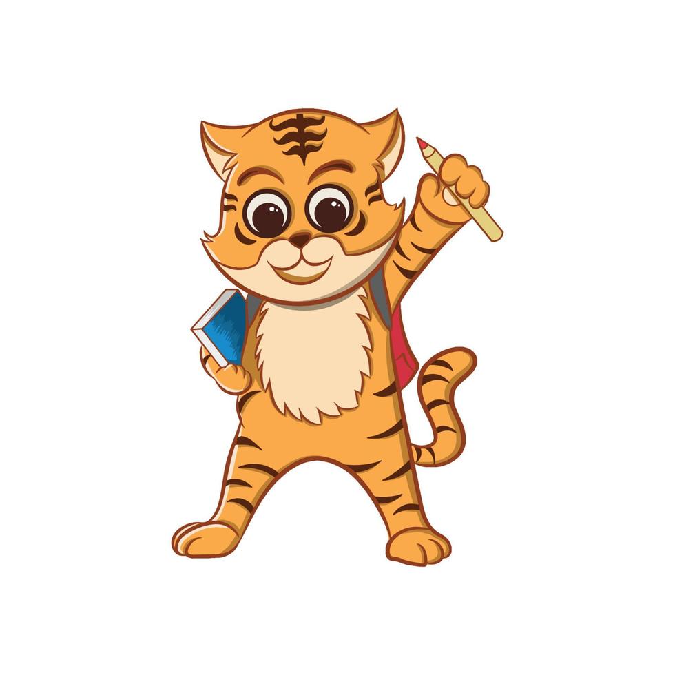 cartoon illustration design niedlicher tiger, der einen bleistift hält und ein buch und eine tasche trägt vektor