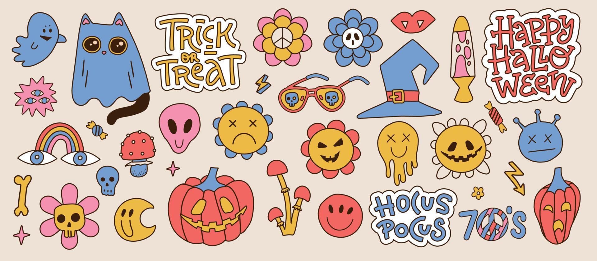 häftig halloween element uppsättning i retro häftig 70s stil. psychedelic samling av hippie design blommor och tecken. de kraft av monster blommor. linjär hand dragen vektor illustration.